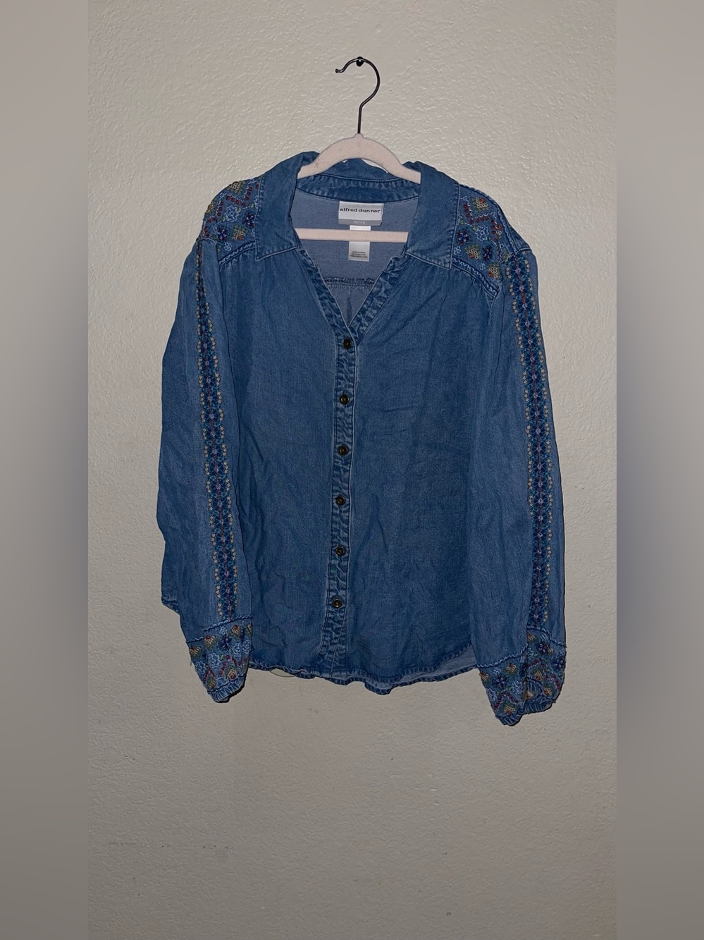 Alfred Dunner Blue Embroidered Denim Button-Down Shirt